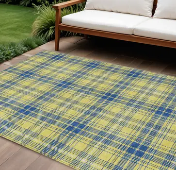 9' X 12' Yellow Blue And Ivory Plaid Washable Indoor Outdoor Area Rug