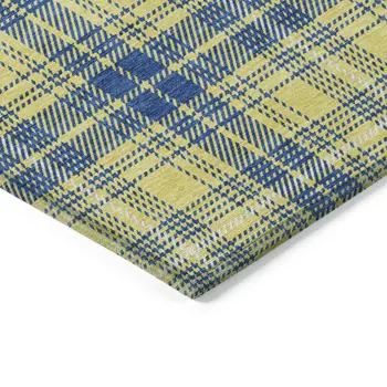 10' X 14' Yellow Blue And Ivory Plaid Washable Indoor Outdoor Area Rug