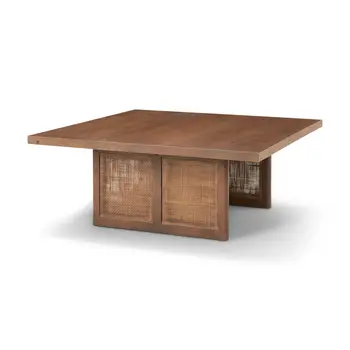 42" Brown and Natural Solid Wood and Wicker Square Double Pedestal Coffee Table