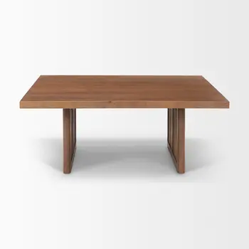 42" Brown and Natural Solid Wood and Wicker Square Double Pedestal Coffee Table