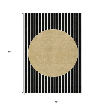 3' X 5' Black And Beige Striped Washable Indoor Outdoor Area Rug