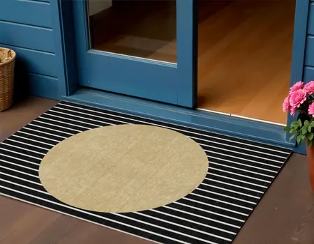 3' X 5' Black And Beige Striped Washable Indoor Outdoor Area Rug