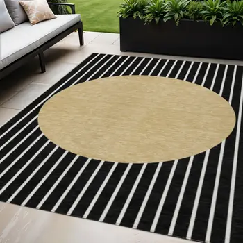 5' X 8' Black And Beige Striped Washable Indoor Outdoor Area Rug