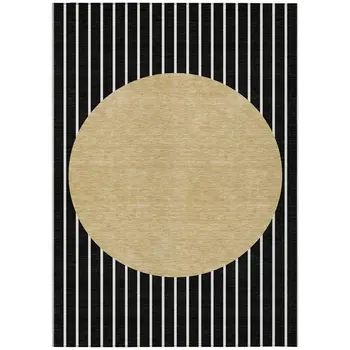 8' X 10' Black And Beige Striped Washable Indoor Outdoor Area Rug