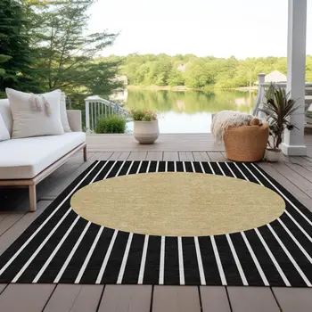 8' X 10' Black And Beige Striped Washable Indoor Outdoor Area Rug