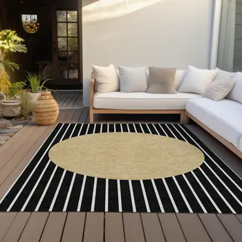 9' X 12' Black And Beige Striped Washable Indoor Outdoor Area Rug