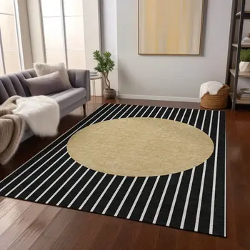 9' X 12' Black And Beige Striped Washable Indoor Outdoor Area Rug