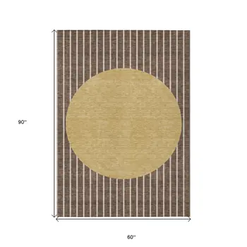 5' X 8' Brown And Beige Striped Washable Indoor Outdoor Area Rug