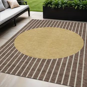 5' X 8' Brown And Beige Striped Washable Indoor Outdoor Area Rug