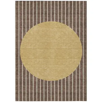 5' X 8' Brown And Beige Striped Washable Indoor Outdoor Area Rug