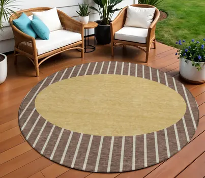 8' Brown And Beige Round Striped Washable Indoor Outdoor Area Rug