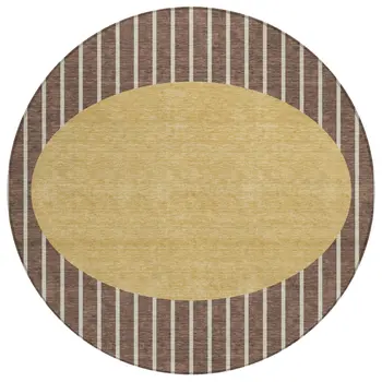 8' Brown And Beige Round Striped Washable Indoor Outdoor Area Rug