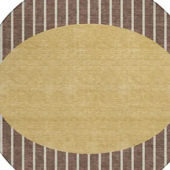 8' Brown And Beige Round Striped Washable Indoor Outdoor Area Rug