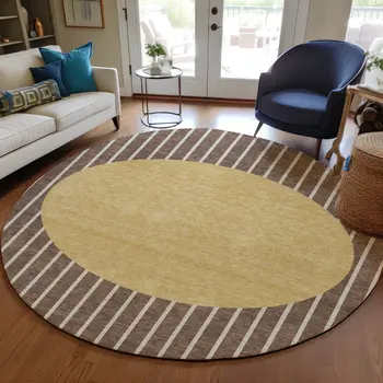 8' Brown And Beige Round Striped Washable Indoor Outdoor Area Rug