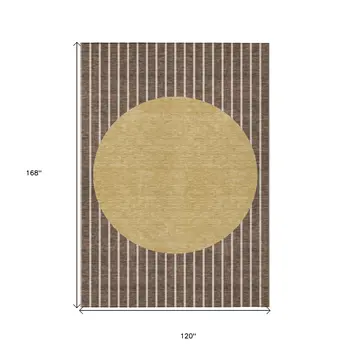 10' X 14' Brown And Beige Striped Washable Indoor Outdoor Area Rug