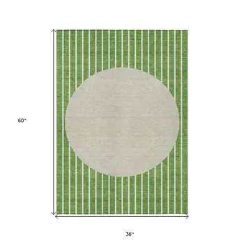 3' X 5' Green And Gray Striped Washable Indoor Outdoor Area Rug