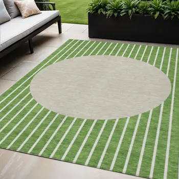 5' X 8' Green And Gray Striped Washable Indoor Outdoor Area Rug