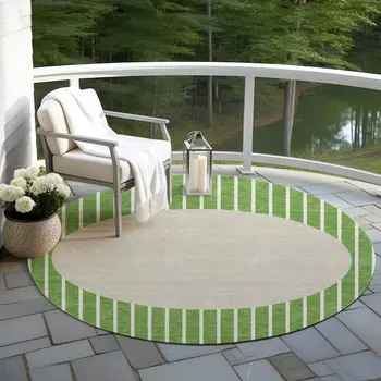 8' Green And Gray Round Striped Washable Indoor Outdoor Area Rug