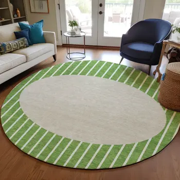8' Green And Gray Round Striped Washable Indoor Outdoor Area Rug