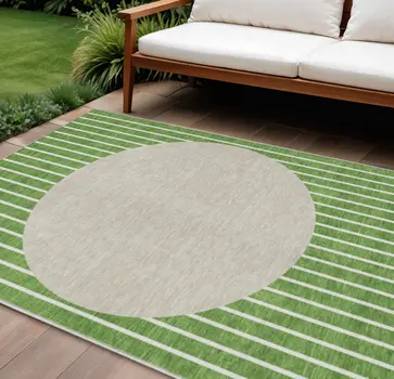 8' X 10' Green And Gray Striped Washable Indoor Outdoor Area Rug