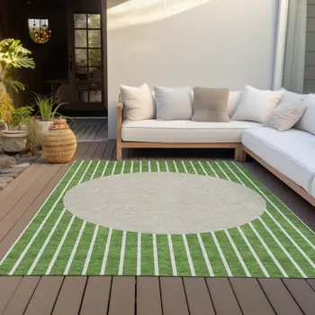8' X 10' Green And Gray Striped Washable Indoor Outdoor Area Rug