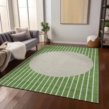 10' X 14' Green And Gray Striped Washable Indoor Outdoor Area Rug