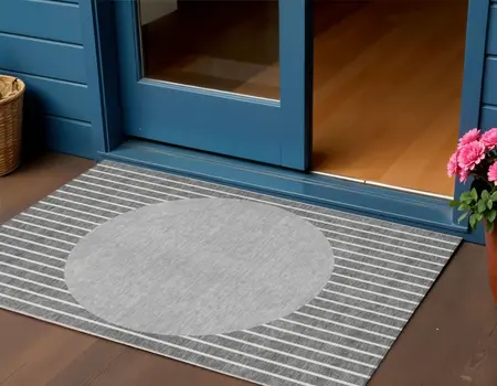 3' X 5' Gray And Ivory Striped Washable Indoor Outdoor Area Rug