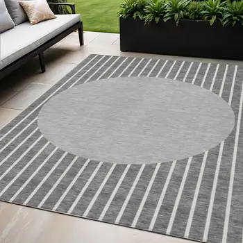 5' X 8' Gray And Ivory Striped Washable Indoor Outdoor Area Rug