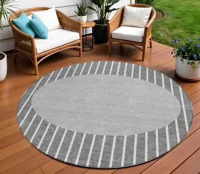 8' Gray And Ivory Round Striped Washable Indoor Outdoor Area Rug