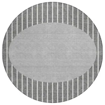 8' Gray And Ivory Round Striped Washable Indoor Outdoor Area Rug