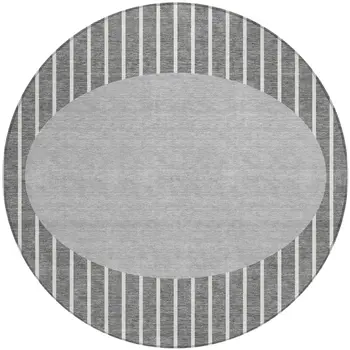 8' Gray And Ivory Round Striped Washable Indoor Outdoor Area Rug