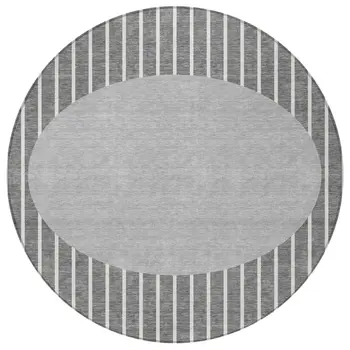 8' Gray And Ivory Round Striped Washable Indoor Outdoor Area Rug