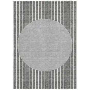8' X 10' Gray And Ivory Striped Washable Indoor Outdoor Area Rug