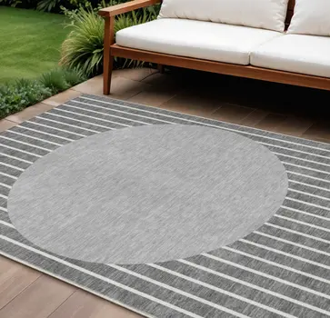 8' X 10' Gray And Ivory Striped Washable Indoor Outdoor Area Rug