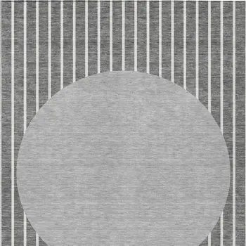 10' X 14' Gray And Ivory Striped Washable Indoor Outdoor Area Rug