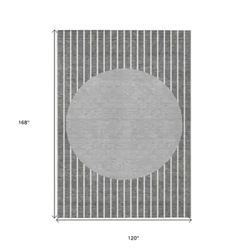 10' X 14' Gray And Ivory Striped Washable Indoor Outdoor Area Rug