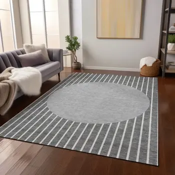 10' X 14' Gray And Ivory Striped Washable Indoor Outdoor Area Rug