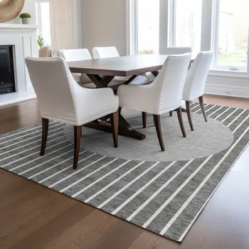 10' X 14' Gray And Ivory Striped Washable Indoor Outdoor Area Rug