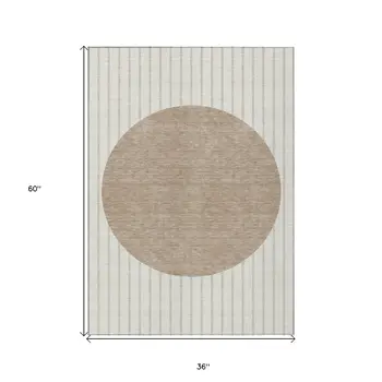 3' X 5' Ivory And Brown Striped Washable Indoor Outdoor Area Rug