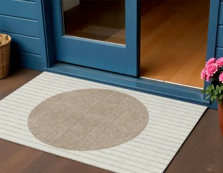 3' X 5' Ivory And Brown Striped Washable Indoor Outdoor Area Rug