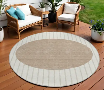 8' Ivory And Brown Round Striped Washable Indoor Outdoor Area Rug