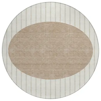 8' Ivory And Brown Round Striped Washable Indoor Outdoor Area Rug