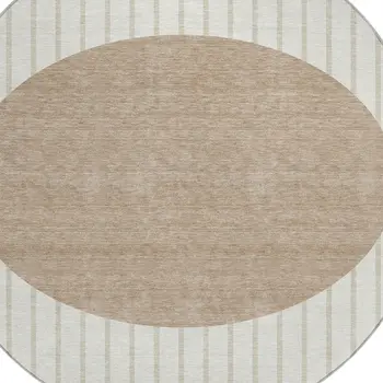 8' Ivory And Brown Round Striped Washable Indoor Outdoor Area Rug