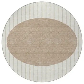 8' Ivory And Brown Round Striped Washable Indoor Outdoor Area Rug
