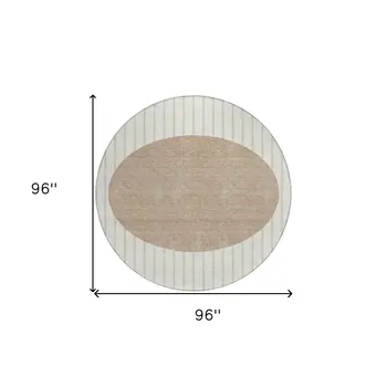 8' Ivory And Brown Round Striped Washable Indoor Outdoor Area Rug