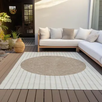 8' X 10' Ivory And Brown Striped Washable Indoor Outdoor Area Rug