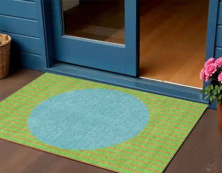3' X 5' Lime Green And Blue Striped Washable Indoor Outdoor Area Rug