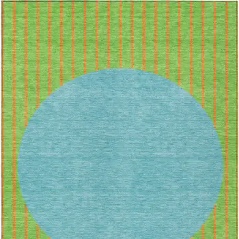 3' X 5' Lime Green And Blue Striped Washable Indoor Outdoor Area Rug
