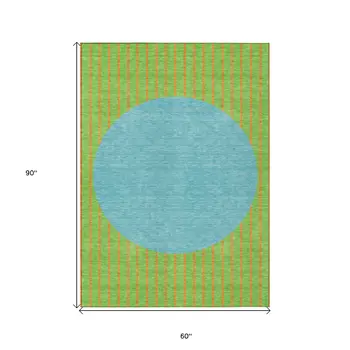 5' X 8' Lime Green And Blue Striped Washable Indoor Outdoor Area Rug