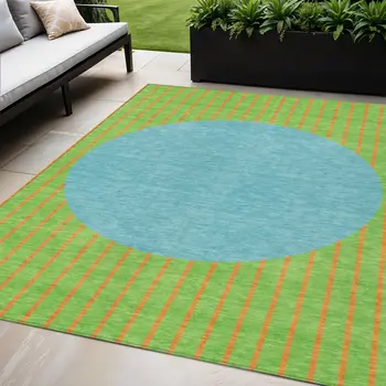 5' X 8' Lime Green And Blue Striped Washable Indoor Outdoor Area Rug